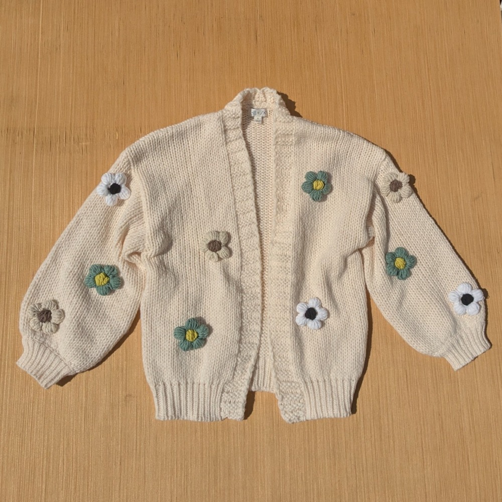She+Sky Cardigan Sweater 3D Flower Cottage Core Soft Girl Heavy Knit Women Small